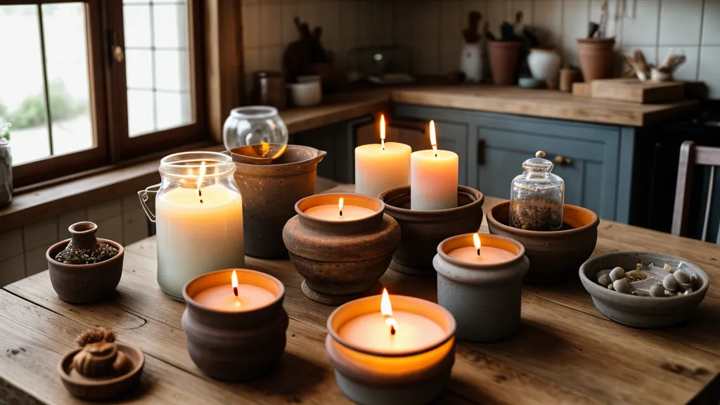 Primer plano de etiquetas para velas y esencia de vainilla en un taller
