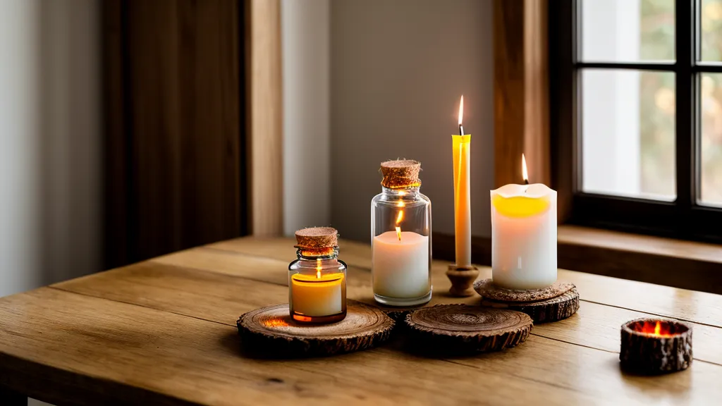 Frascos de esencias aromáticas para velas sobre una mesa de madera