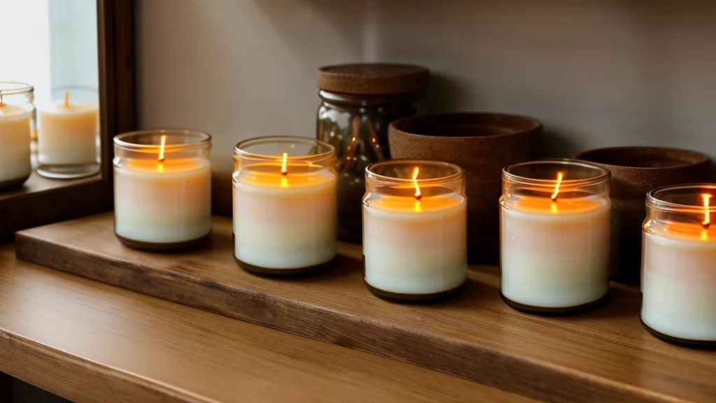 Velas de soya terminadas reposando en un estante para el proceso de curado