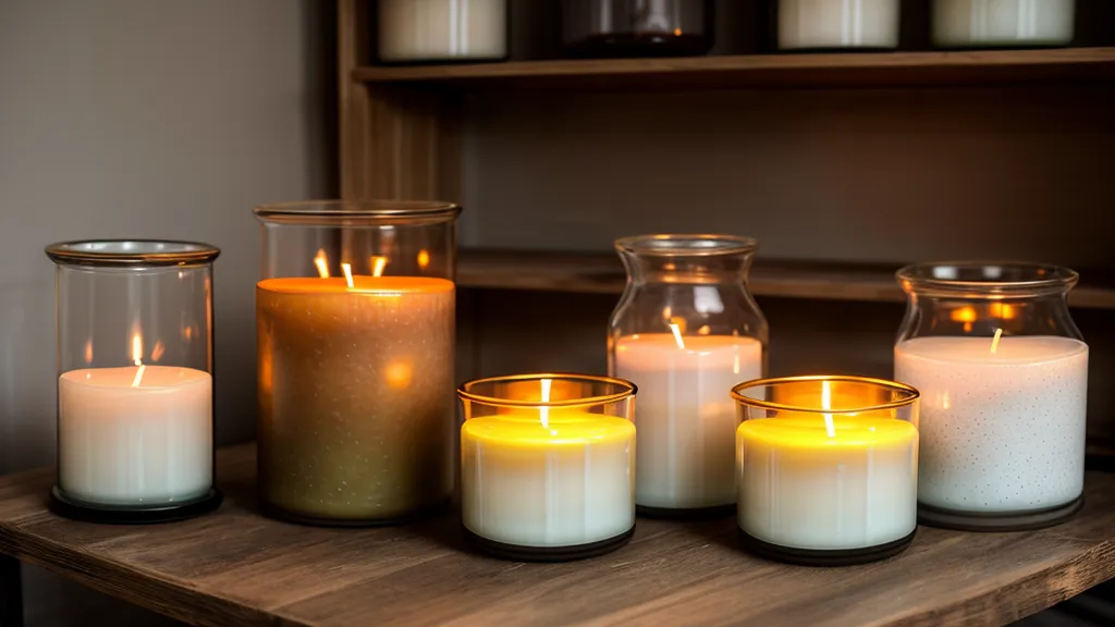 Diferentes tipos de frascos de vidrio para velas sobre una mesa de madera
