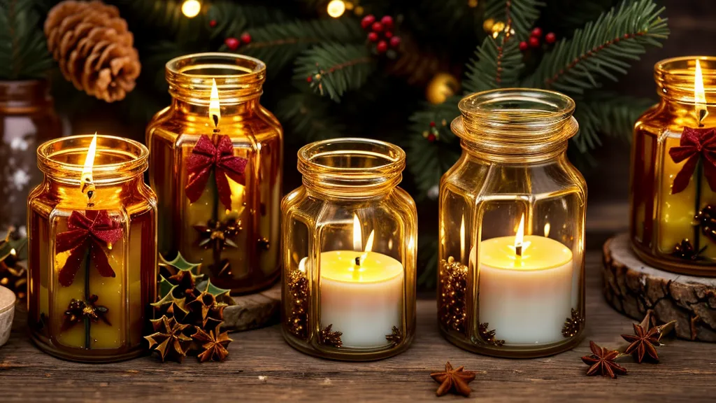 Velas navideñas artesanales en frascos ámbar y formas de pino sobre madera rústica