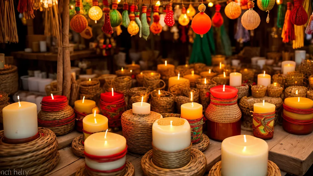 Puesto de velas artesanales en un tianguis tradicional mexicano durante la temporada navideña