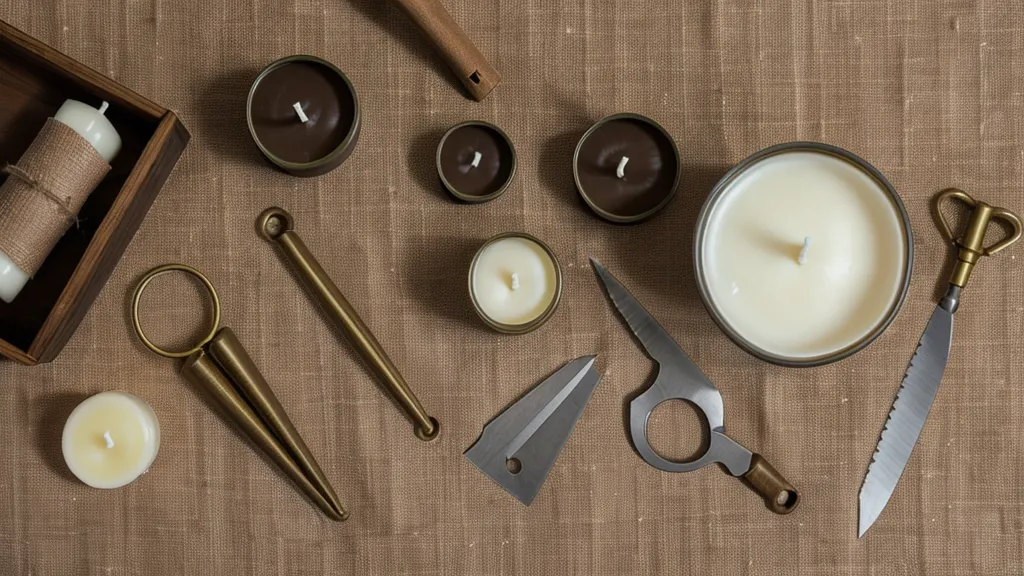 Herramientas para hacer velas incluyendo cortapabilos y termómetro digital sobre madera