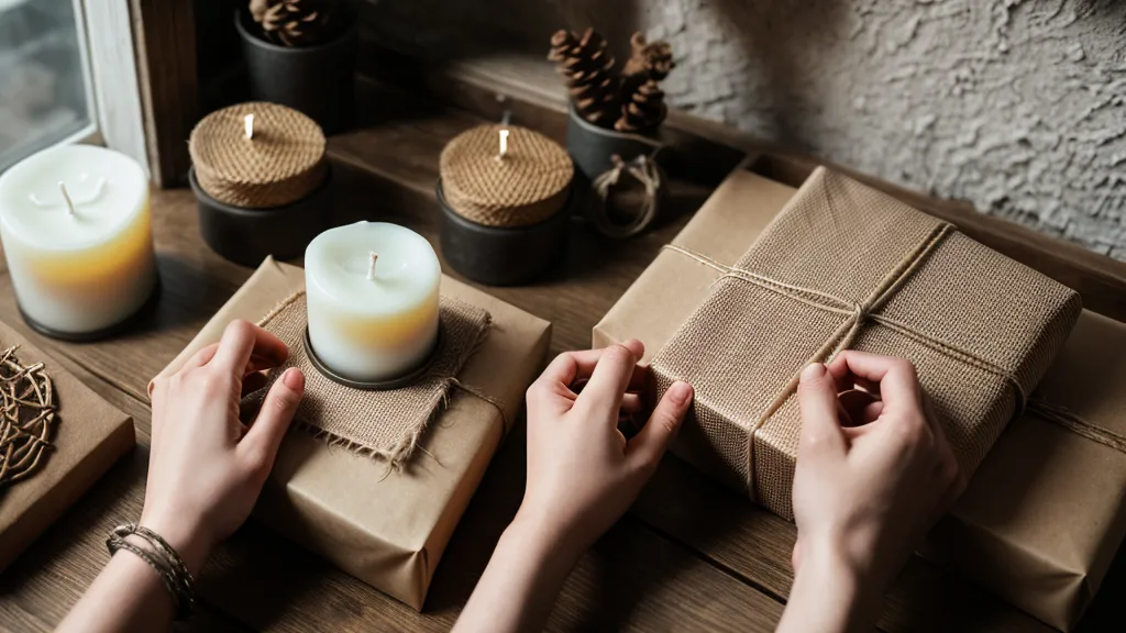 Manos empacando una vela artesanal y un cortapabilos como kit de regalo