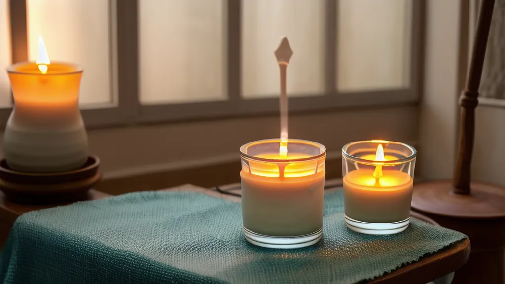 Mancha de cera de soja expandiéndose sobre tela de algodón en un taller de velas artesanales
