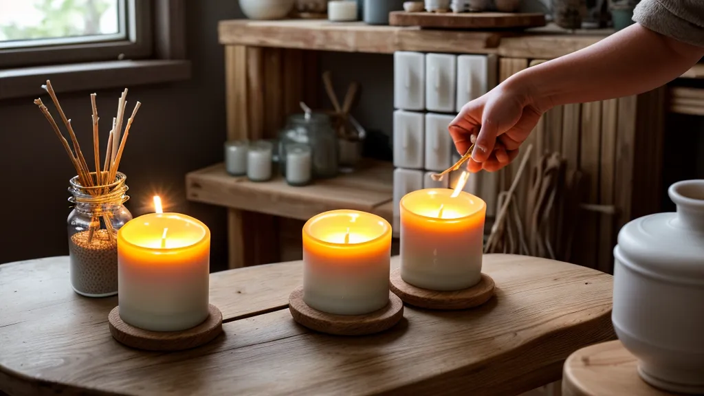Exhibidor de gradas de madera para velas artesanales en una feria
