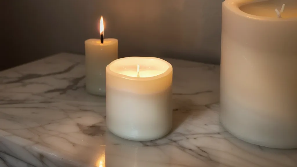 Vela encendida sobre loseta de mármol resaltando el contraste de luz y sombra.
