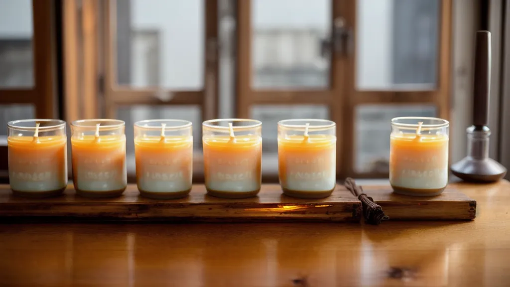 Velas artesanales terminadas tras medir la fragancia con precisión, listas para el tianguis