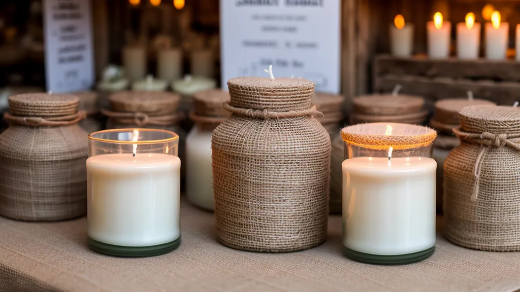 Puesto de venta de velas artesanales con protectores de cartulina y empaque creativo bien etiquetado